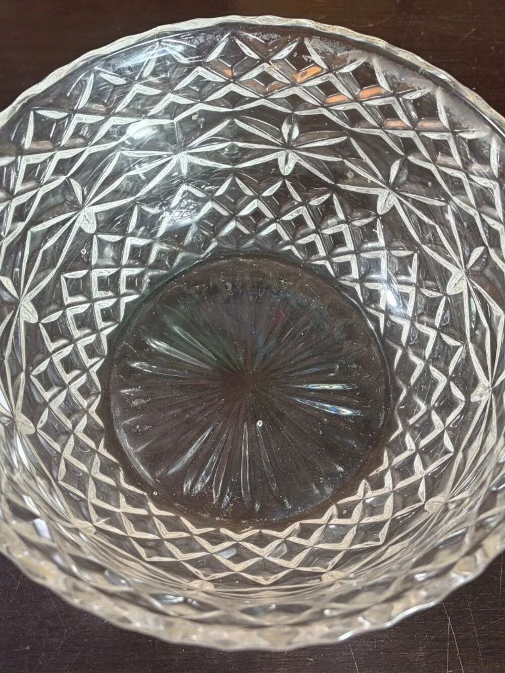 Vintage Avitra Cut Lead Crystal Serving Bowl Diamond & Starburst Pattern 7.5